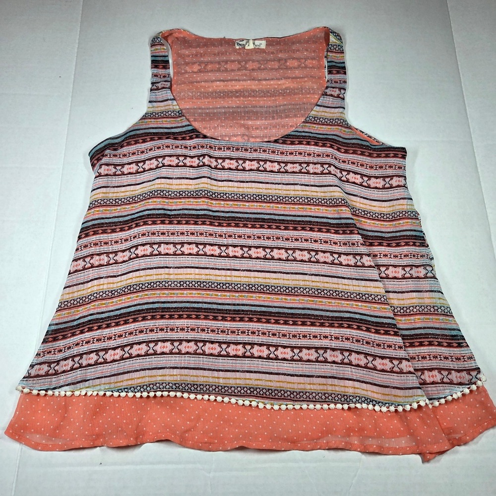 About A Girl Womens Large Tank Top Boho Geometric Pom Pom Trim Layered Top